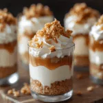 Multiple caramel cheesecake shooters arranged on wooden board showing layered dessert with graham cracker base, cream cheese filling, caramel sauce and whipped cream garnish