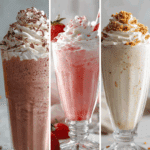Three Ninja Slushie milkshakes in glasses topped with whipped cream – chocolate, strawberry, and vanilla