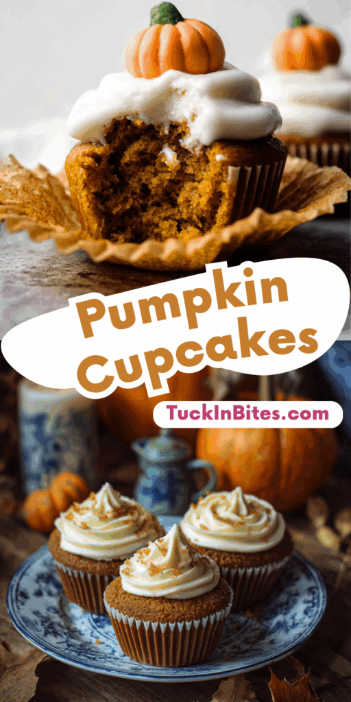 Pumpkin cupcakes with cream cheese frosting on a decorative plate