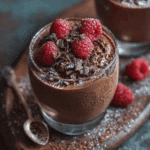 Chocolate mousse topped with fresh strawberries and blueberries