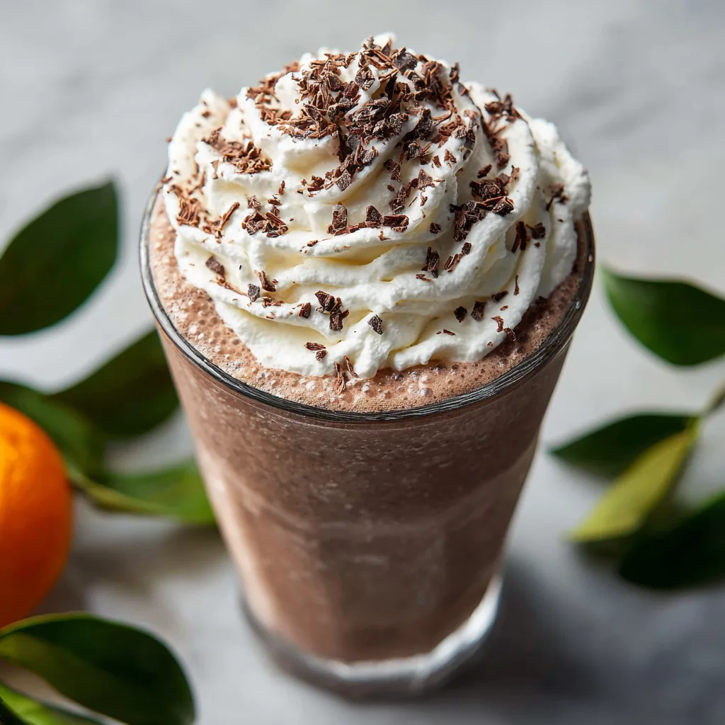 Glass of chocolate milkshake topped with whipped cream and chocolate shavings, garnished with orange and green leaves on marble background