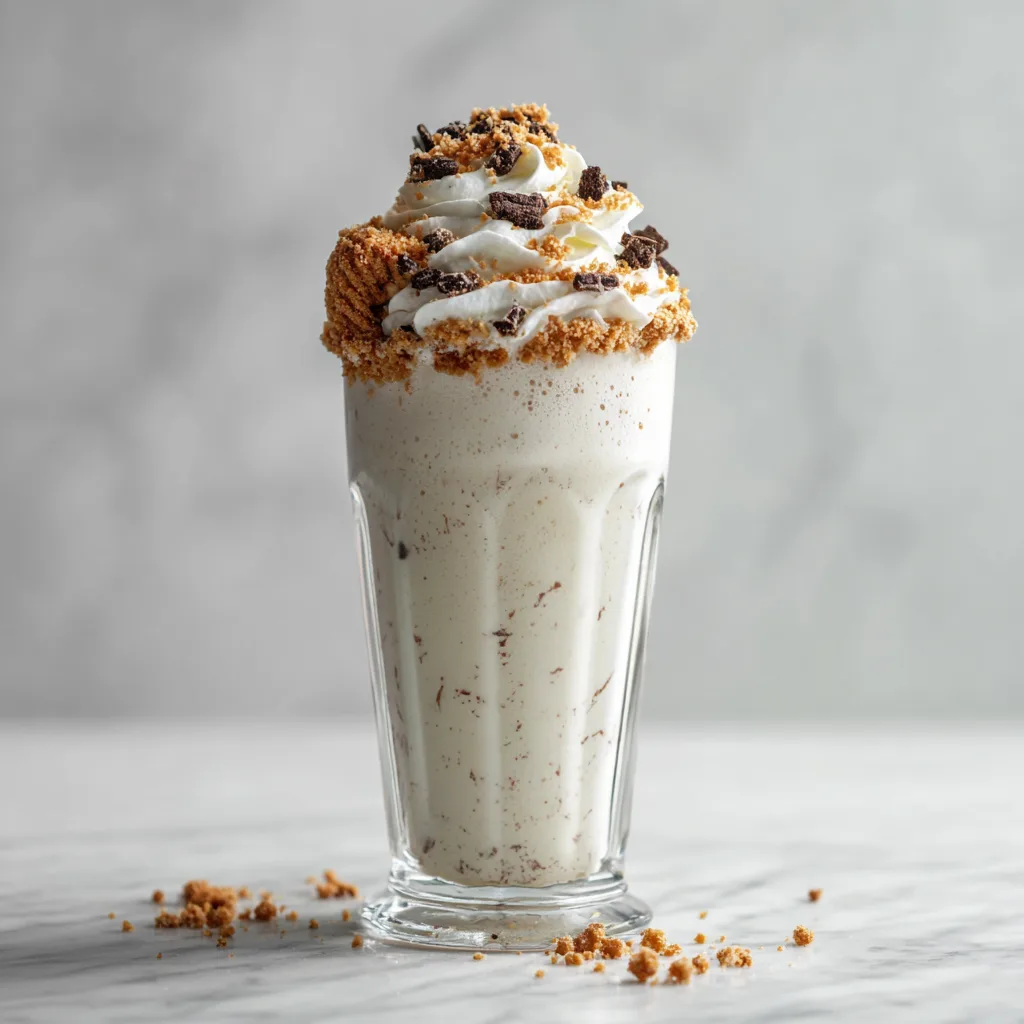 Tall glass of cookies and cream milkshake topped with whipped cream, cookie crumbles, and chocolate shavings on a marble table
