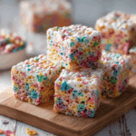 Fruity Pebbles rice krispie treats cut into squares on wooden board