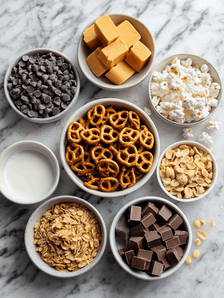 ingredients for no bake caramel pretzel crack bars