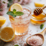 Glass of pink salt drink surrounded by lemon, coarse pink salt, honey, and mint