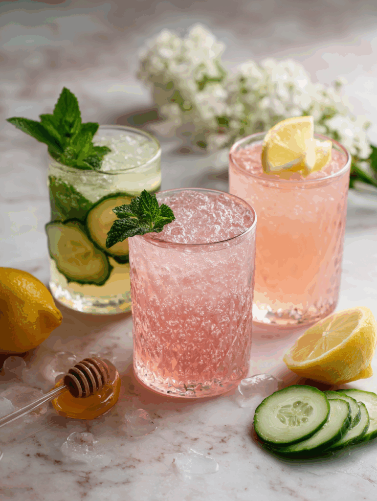 Glasses of pink salt drink with lemon, mint, cucumber, and ice