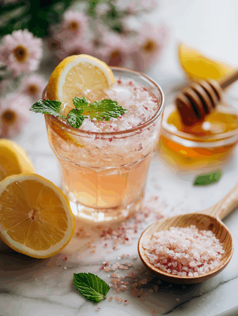 Japanese pink salt drink with lemon, mint, and ice on marble surface