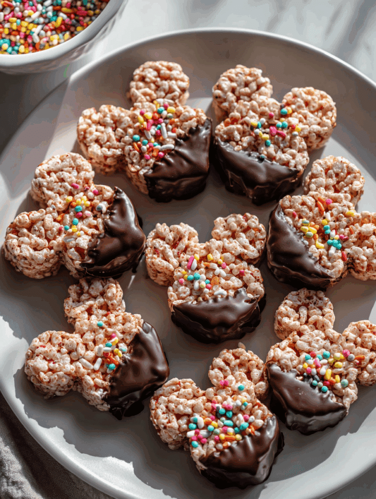Mickey Rice Krispie Treats stacked on plate
