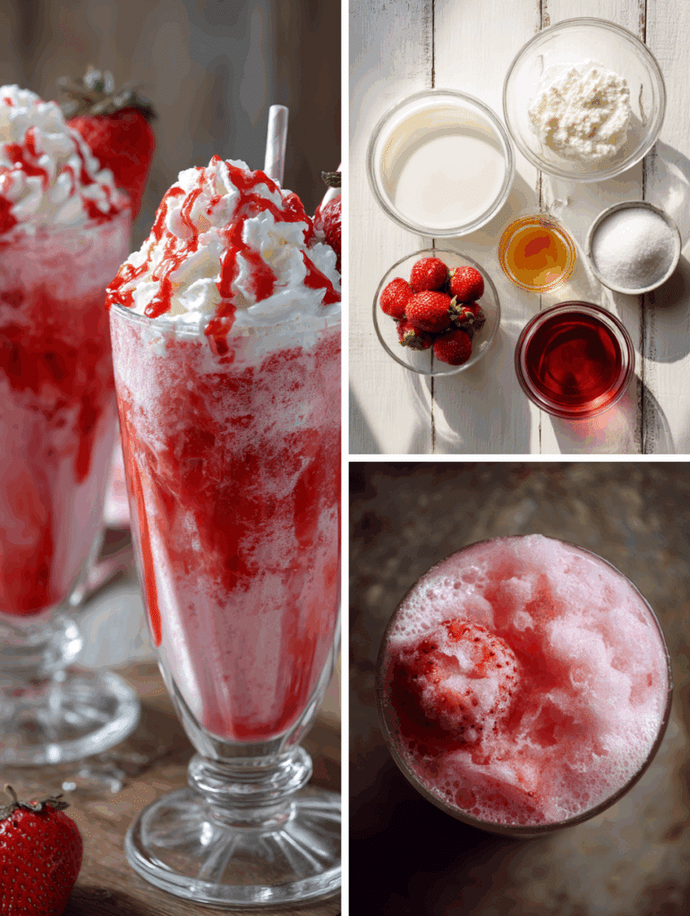 collage showing ninja strawberry slushie milkshake, ingredients, and close-up texture