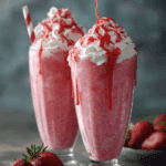 strawberry milkshake slushie with whipped cream and dripping syrup