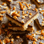no bake caramel pretzel crack bars stacked