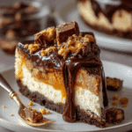 No bake Twix cheesecake slice with caramel and chocolate ganache