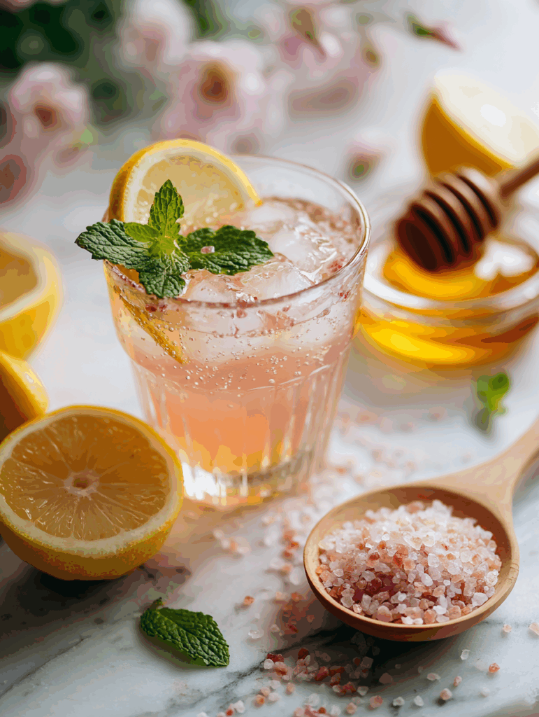 Japanese pink salt drink with lemon, honey, and pink salt on marble