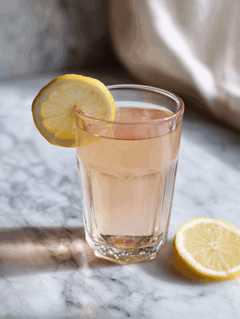 pink salt weight loss drink with lemon slice and warm tone