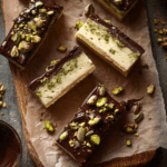 sliced and stacked no-bake pistachio cheesecake bars on wooden board