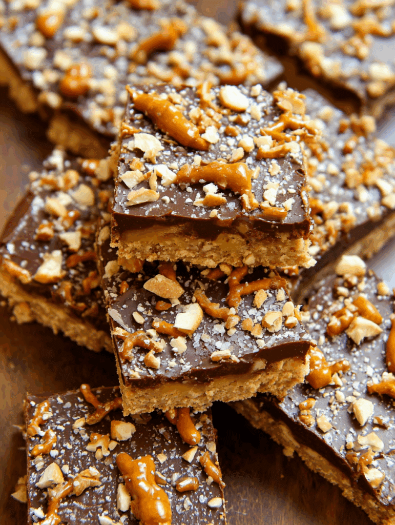 stacked no bake caramel pretzel crack bars