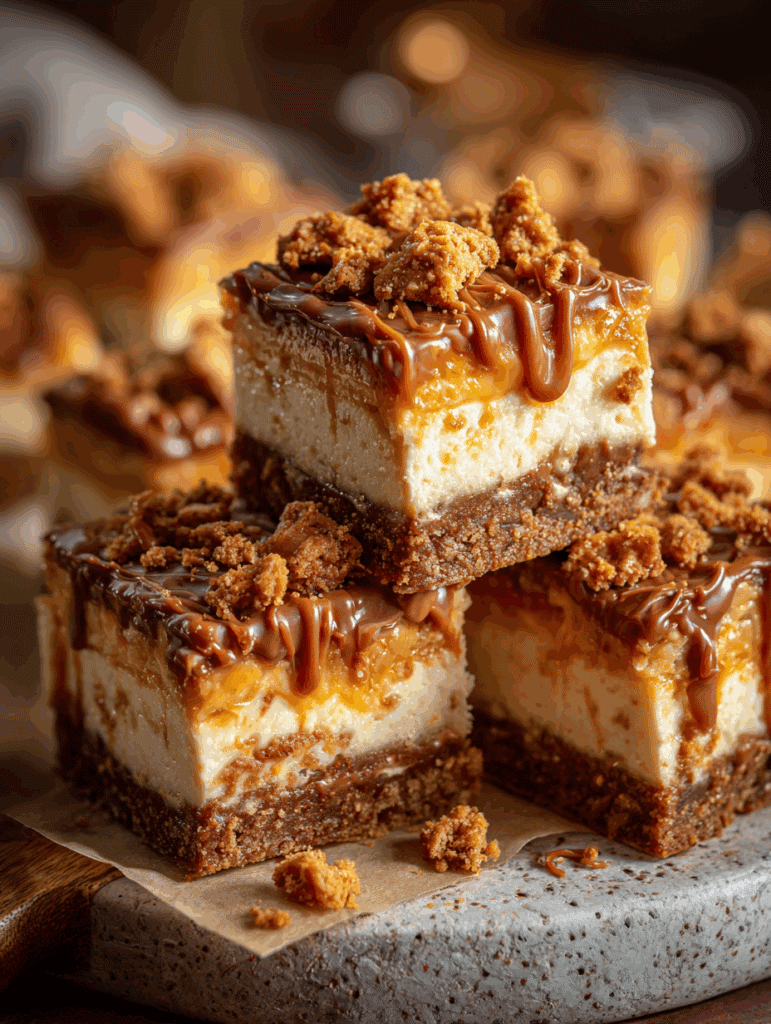 Butterfinger caramel cheesecake bars recipe with crunchy topping