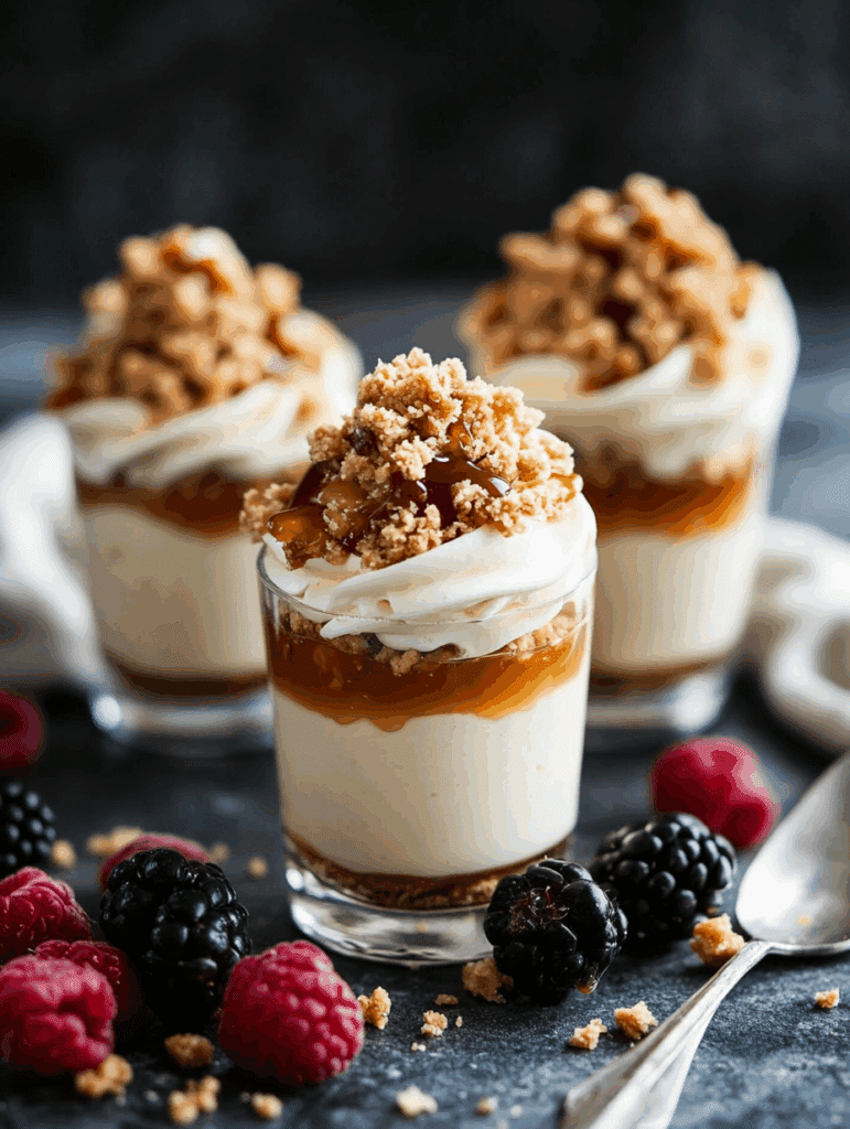 No-bake caramel cheesecake shooters with whipped cream