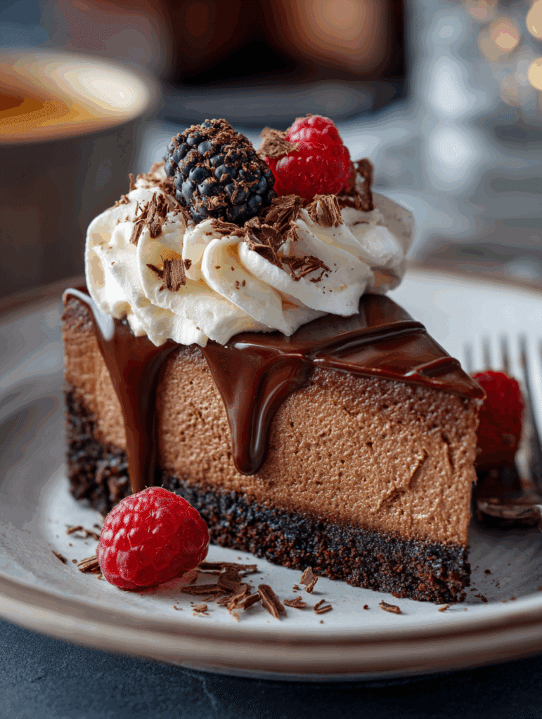 Chocolate mousse cheesecake with whipped cream and berries