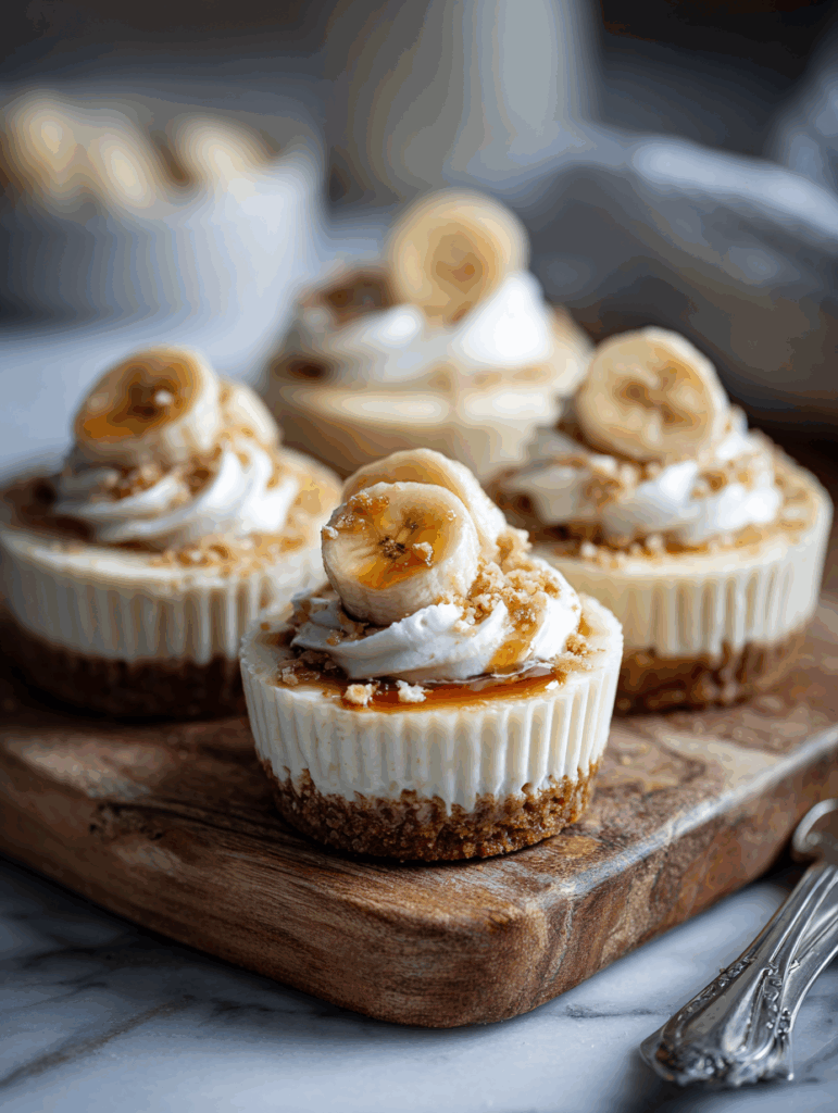 Mini banana pudding cheesecake with whipped cream and banana slices