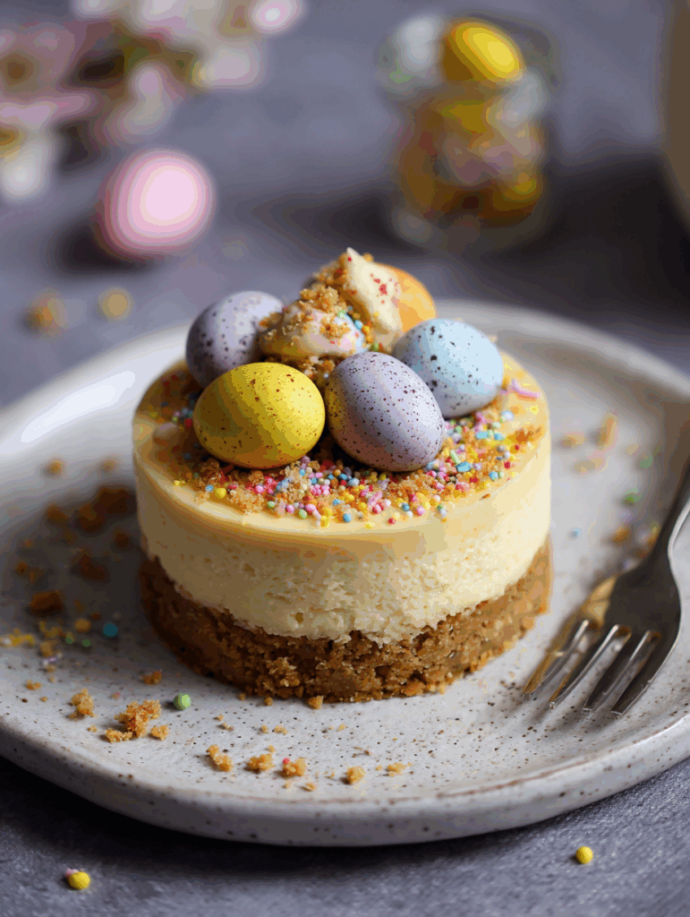 Mini egg cheesecake decorated with pastel chocolate eggs
