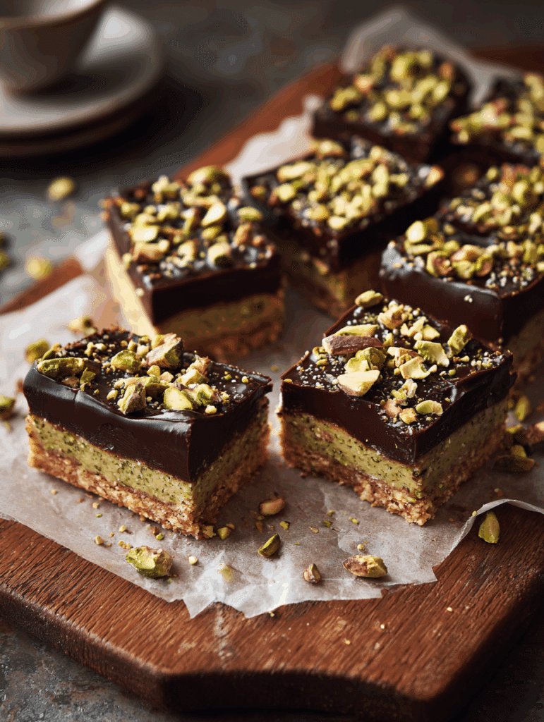 No-bake pistachio cheesecake bars with chocolate topping