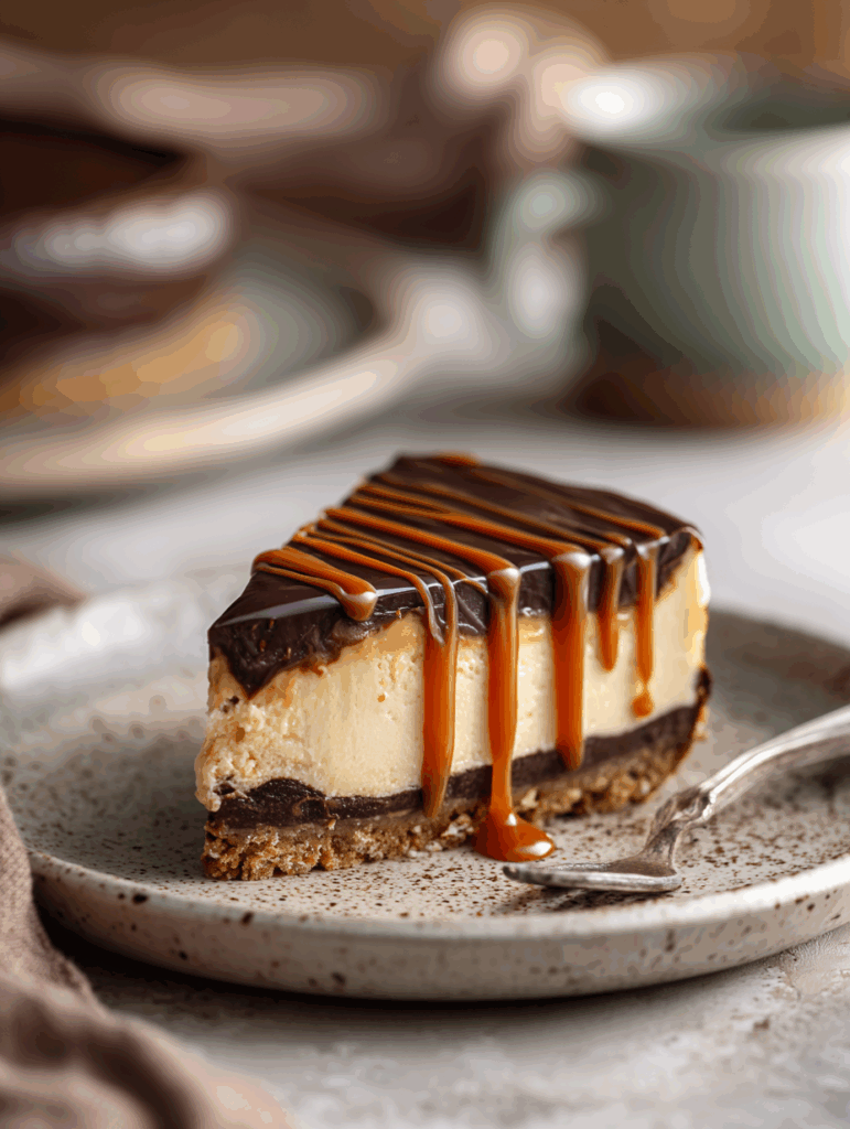 No-bake Twix cheesecake with caramel and chocolate drizzle