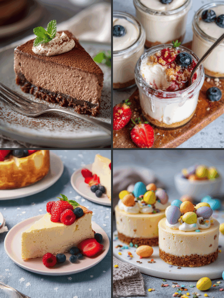 Cheesecake Recipes collage with chocolate, fruity, and mini egg cheesecakes