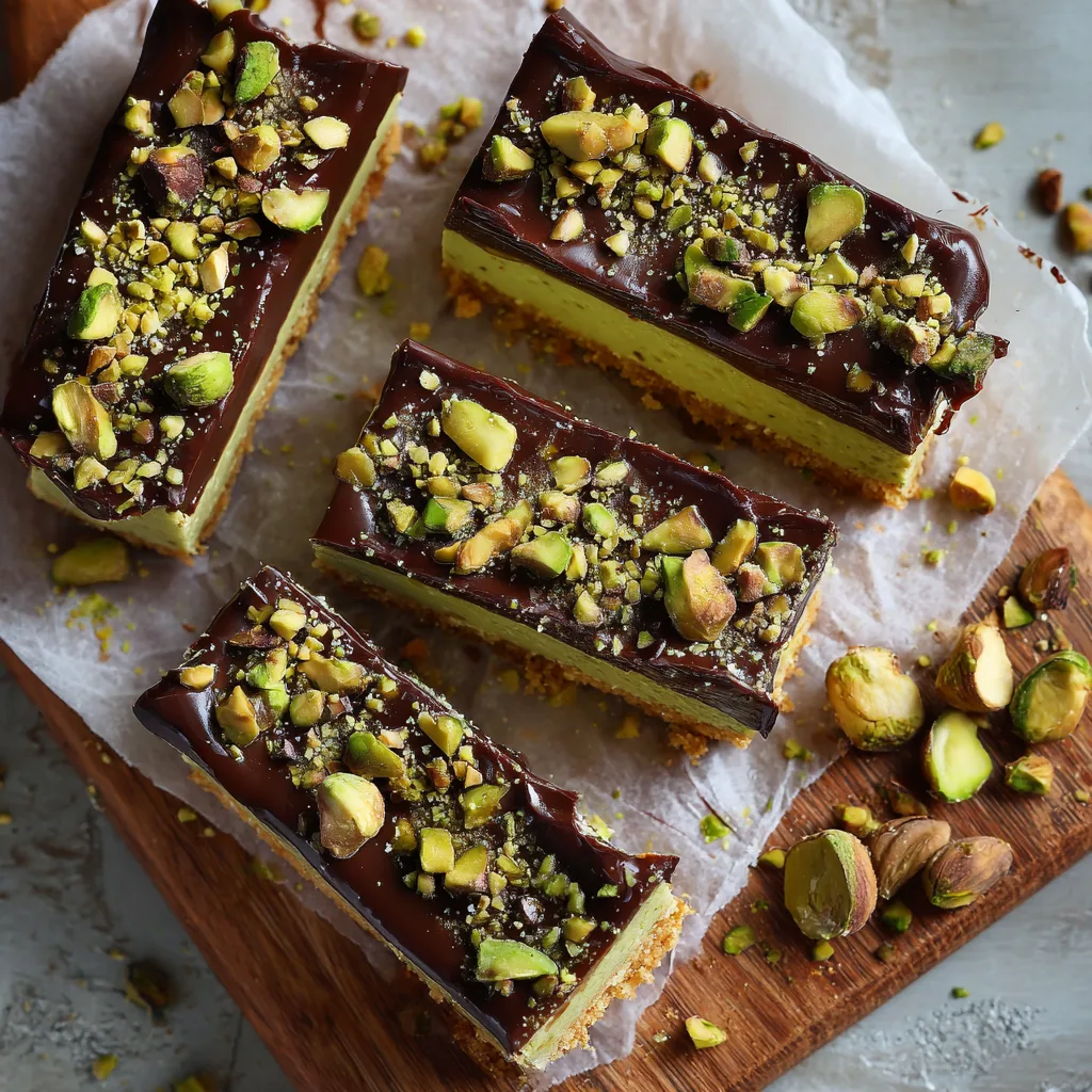 Slices of pistachio cheesecake bars topped with chocolate ganache and chopped pistachios on a wooden board with whole nuts scattered around