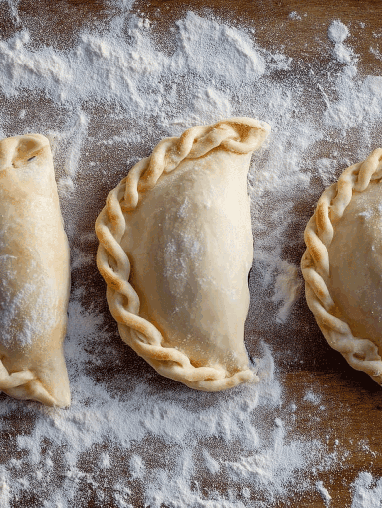 Three unbaked crimped blueberry hand pies on a floured wooden surface