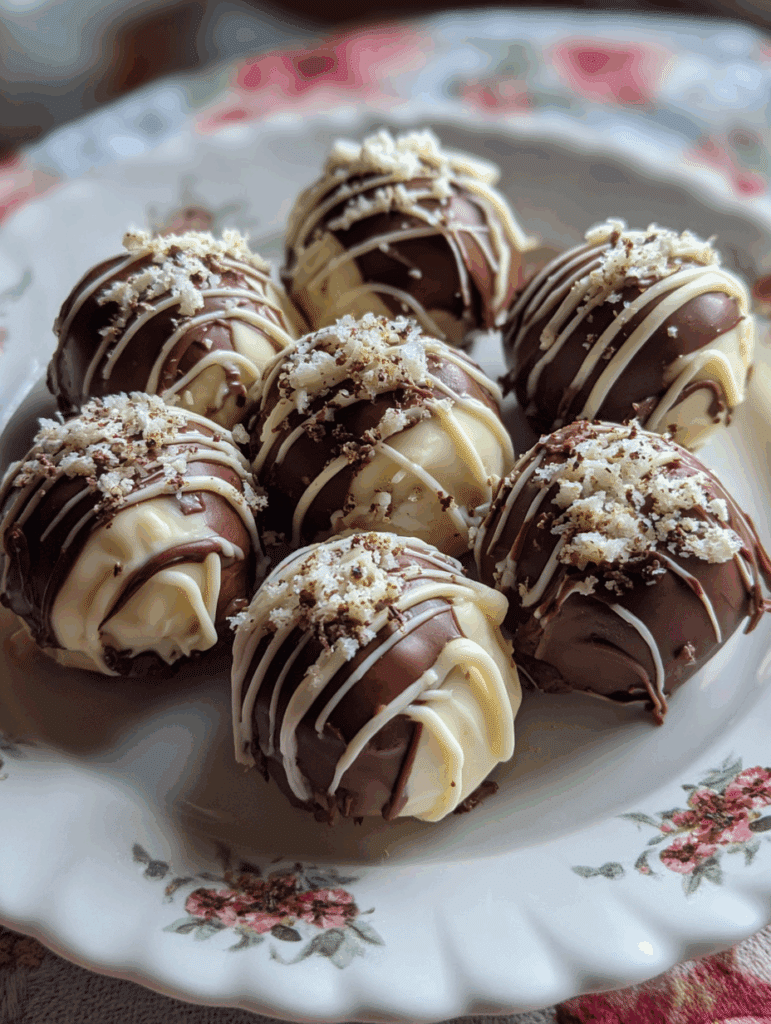 chocolate peanut butter truffle bites with white drizzle for kids