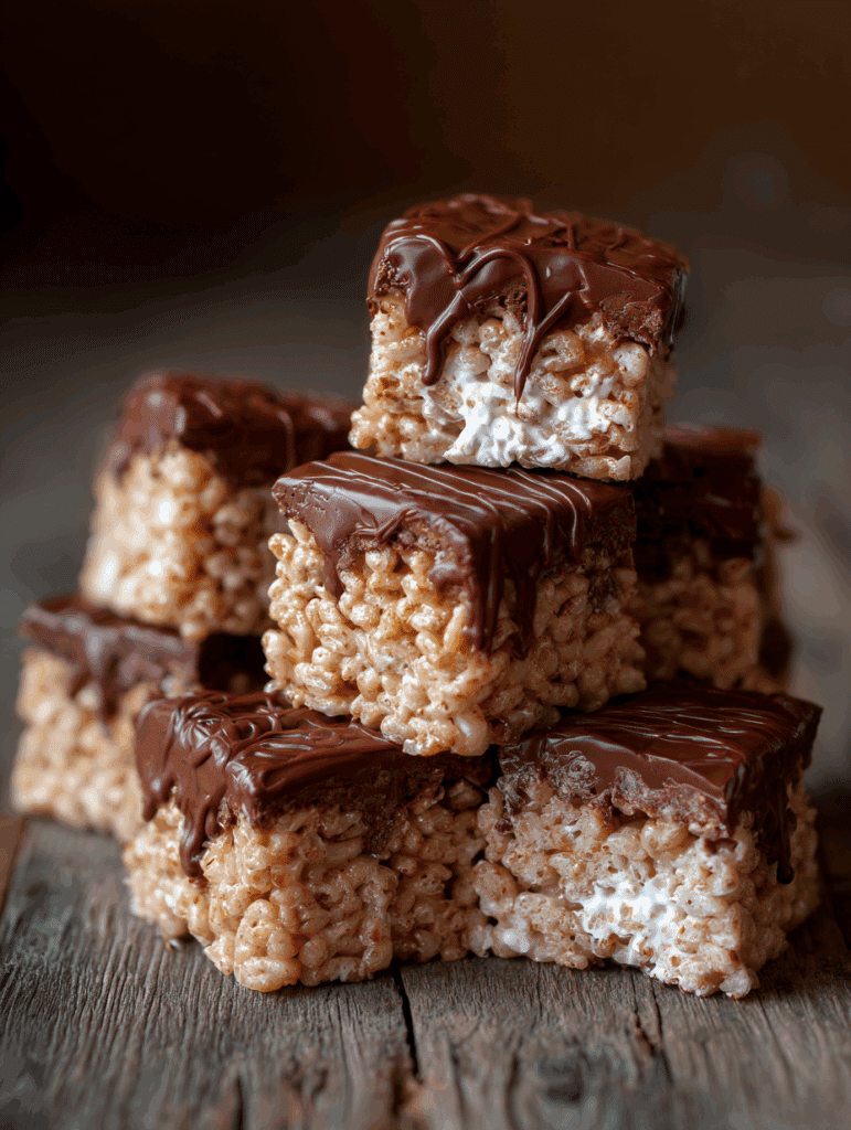 chocolate covered rice cereal bars stacked for kids treats