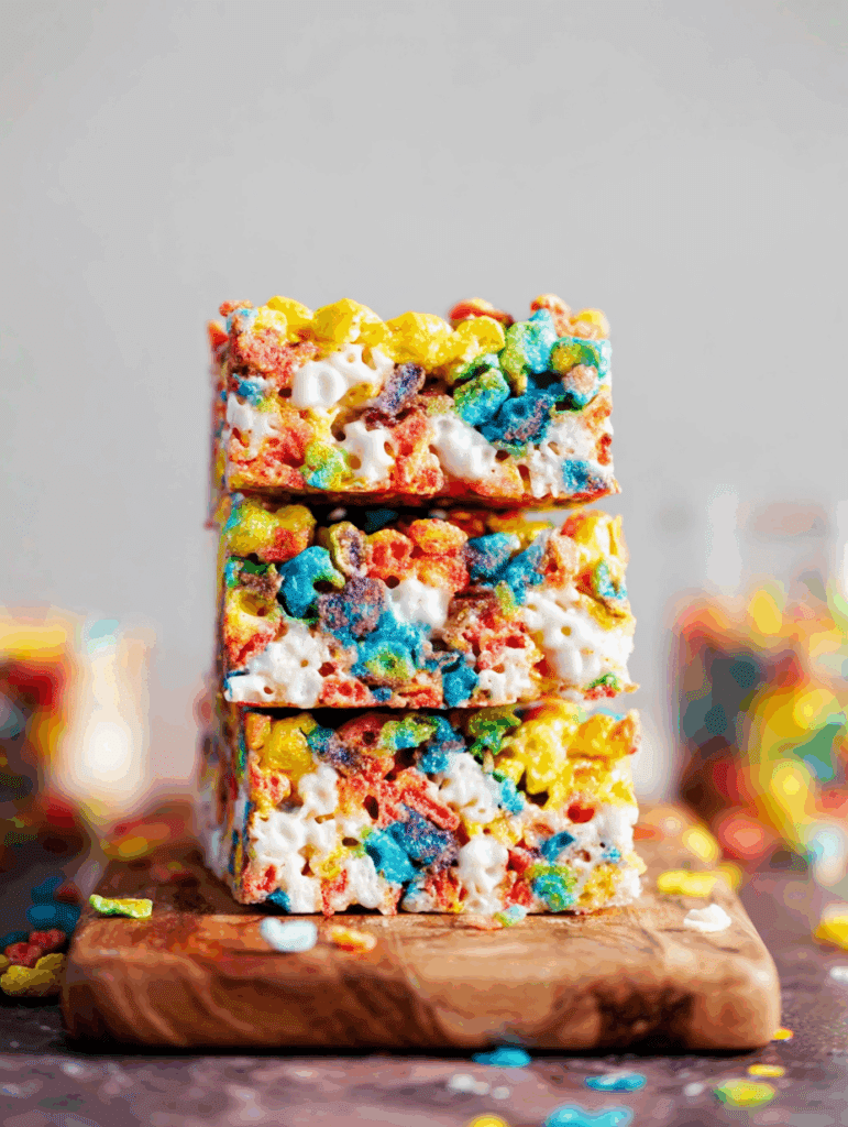 colorful frosted cereal squares stacked for kids dessert