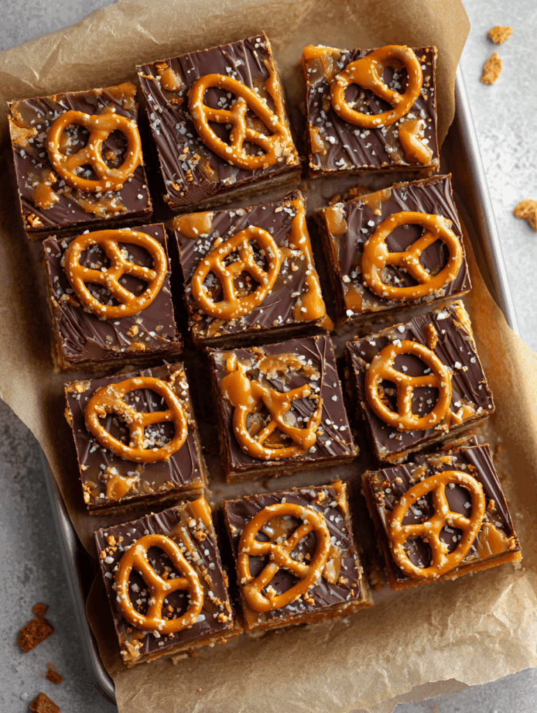 caramel pretzel bars with chocolate drizzle cut into squares