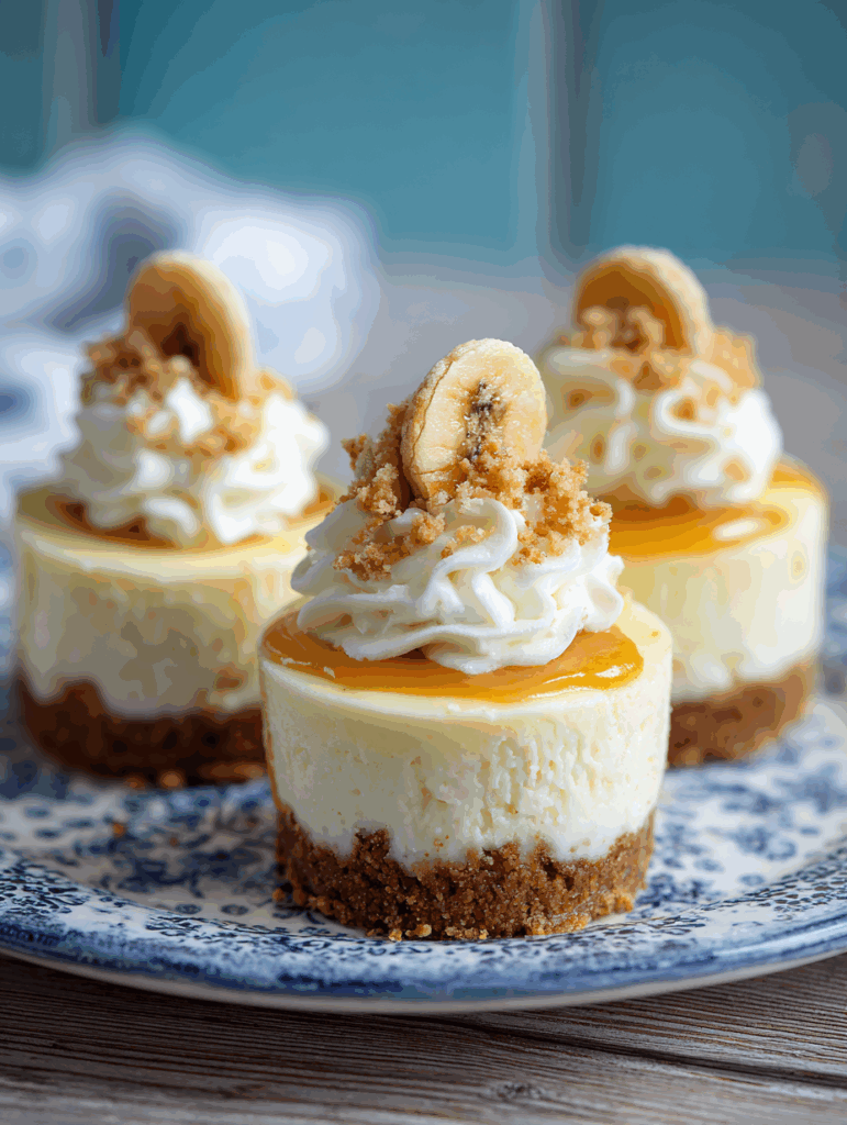 banana pudding mini cheesecakes topped with whipped cream and cookie crumbs