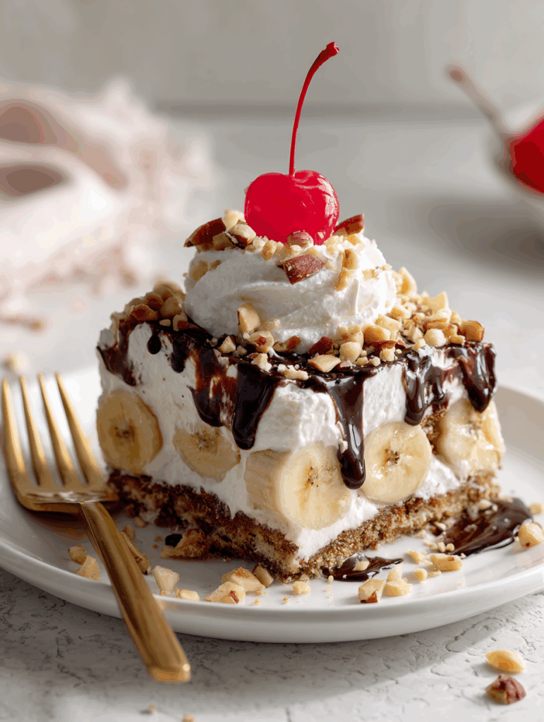banana split dessert slice with whipped cream, chocolate, and cherry