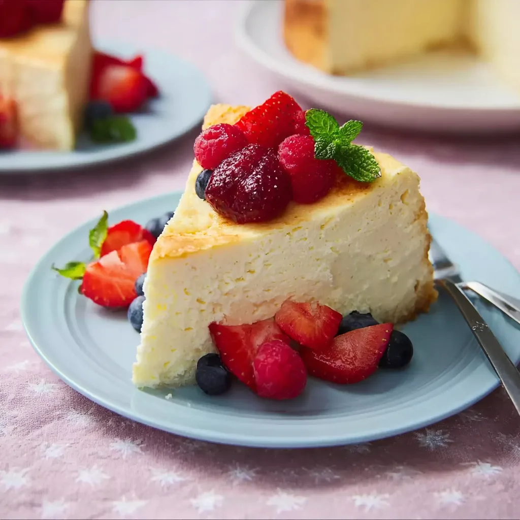 Slice of classic cheesecake topped with fresh strawberries, raspberries, blueberries, and mint on a light blue plate with fork