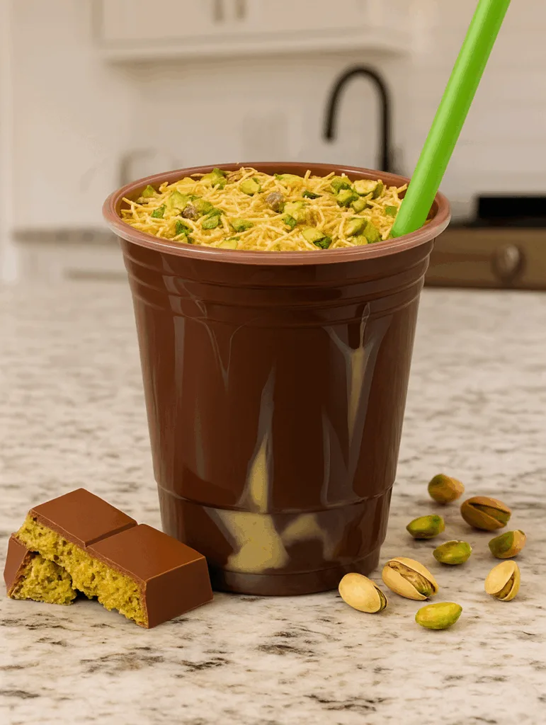 Dubai chocolate milkshake with pistachio and kataifi topping