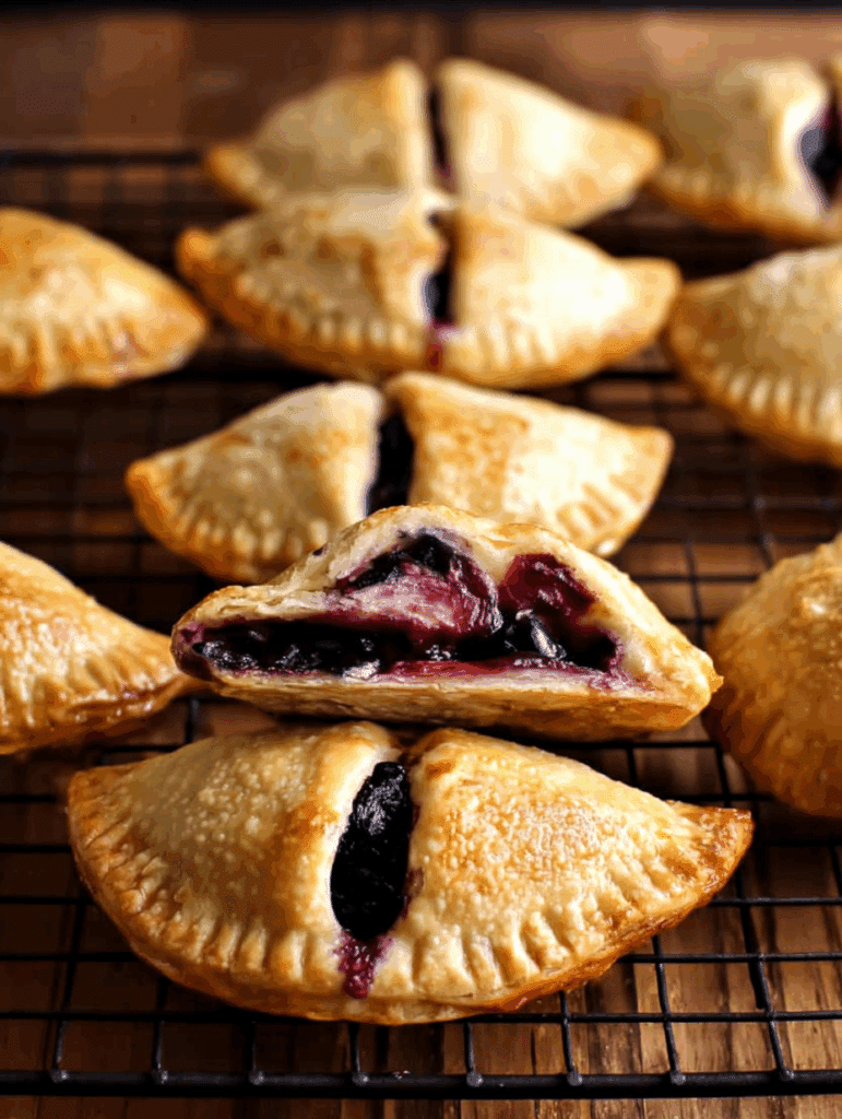 Golden blueberry hand pies on a cooling rack with one cut open showing filling