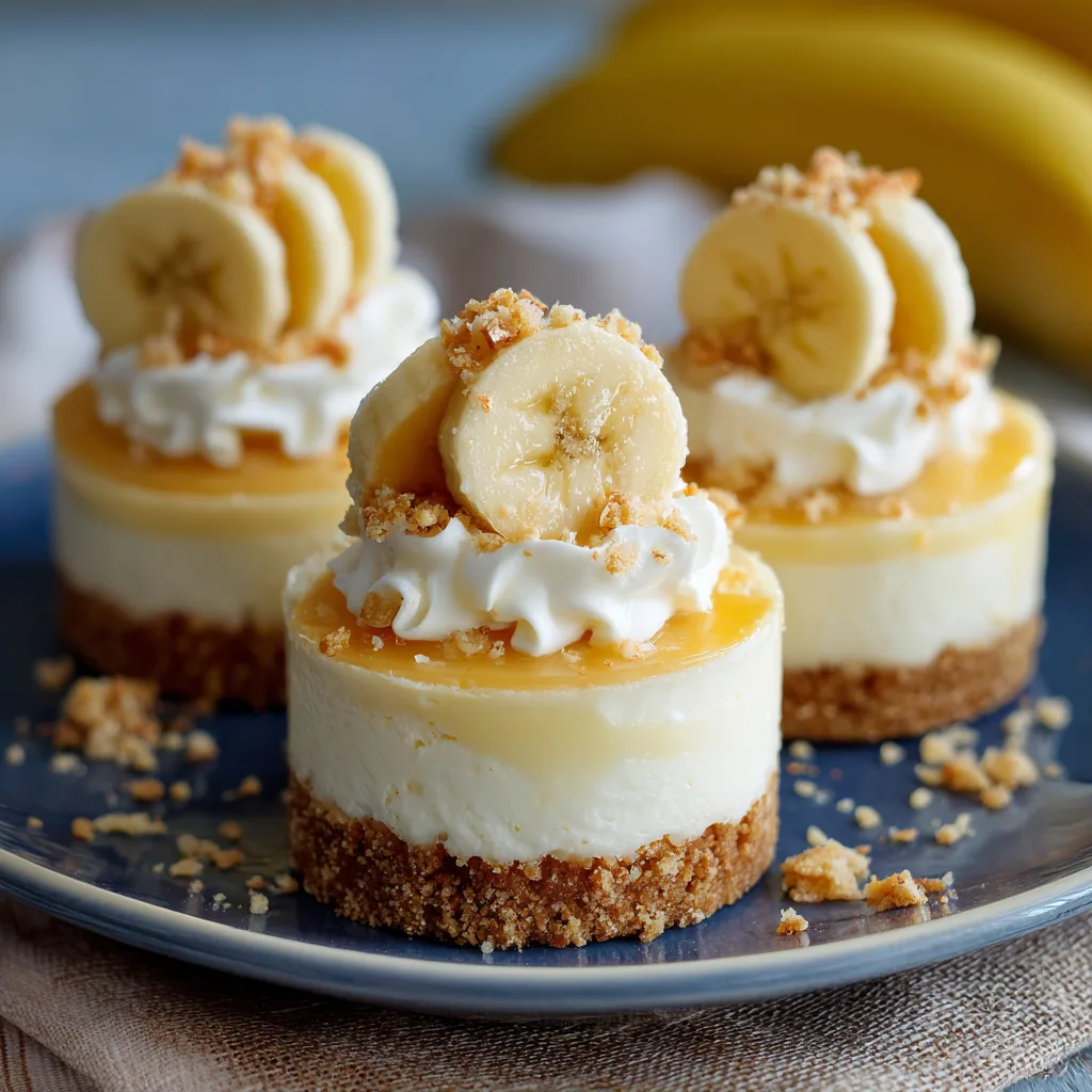 Mini banana cheesecakes topped with whipped cream, caramel drizzle, and banana slices on a blue plate with crumb garnish
