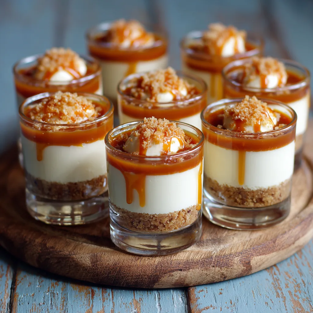 Mini caramel cheesecake cups with biscuit base, creamy filling, and caramel drizzle on top, served on a wooden board