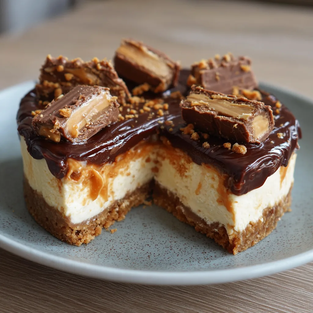 Snickers cheesecake with biscuit crust, topped with chocolate ganache, caramel drizzle, and Snickers bar pieces on a plate