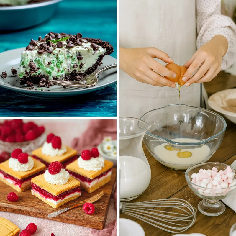 Mint chocolate pie, layered raspberry cakes, and baking preparation with eggs and milk