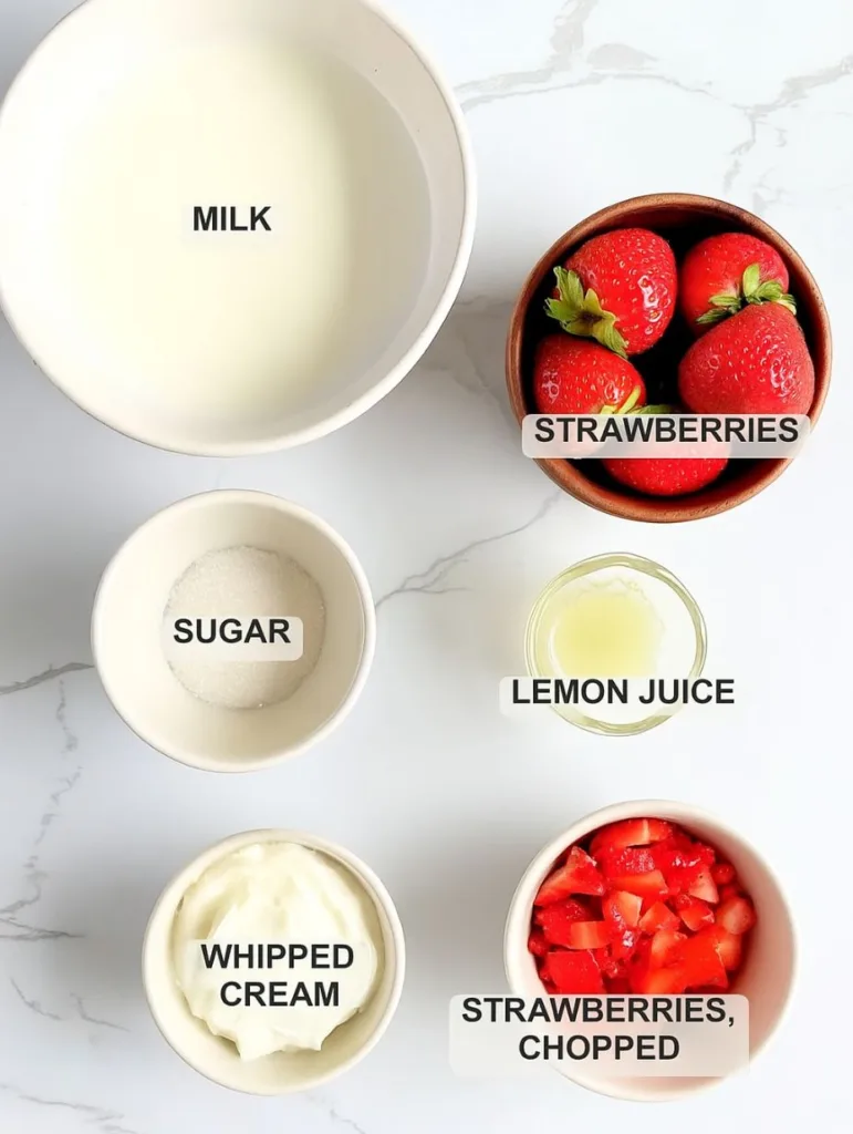 Ingredients for strawberry milkshake including milk, strawberries, sugar, lemon juice, and whipped cream