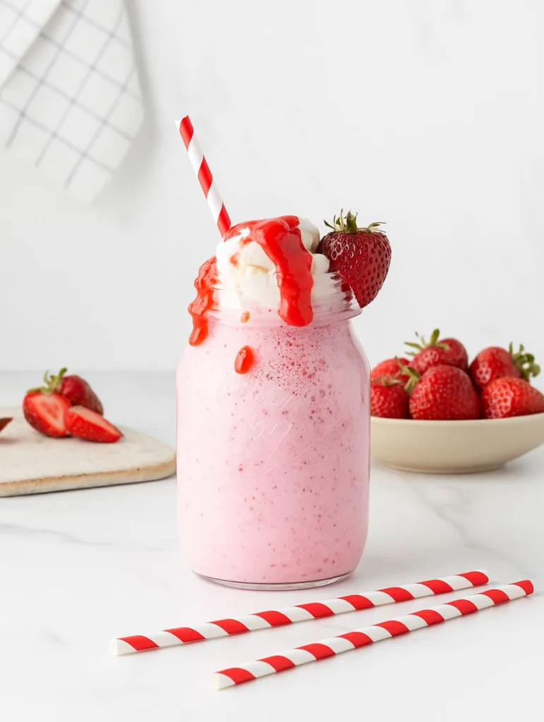 Creamy strawberry milkshake served in a glass jar with whipped cream and strawberry drizzle