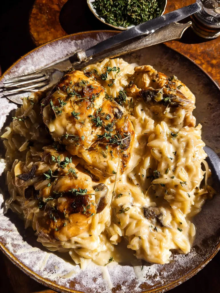 Crockpot Creamy French Onion Chicken and Orzo