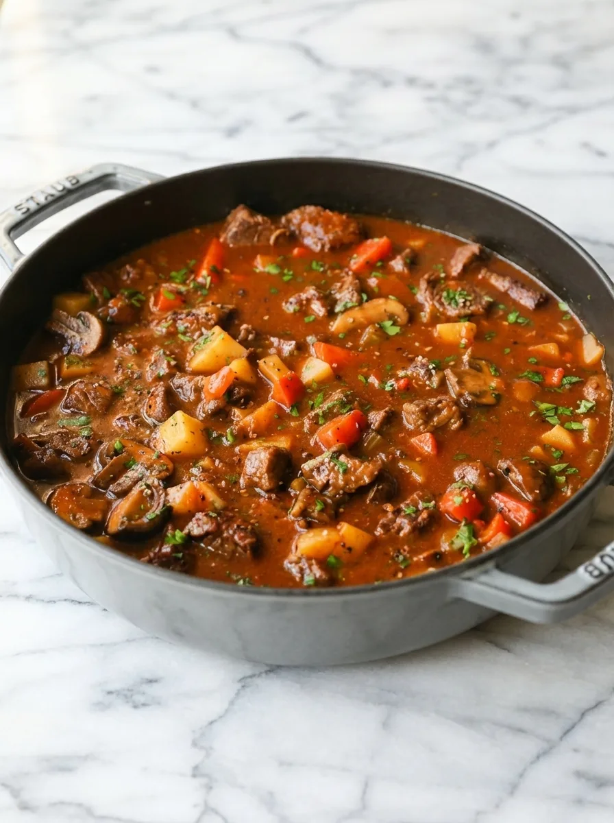 Classic beef stew with tender beef, carrots, mushrooms & potatoes