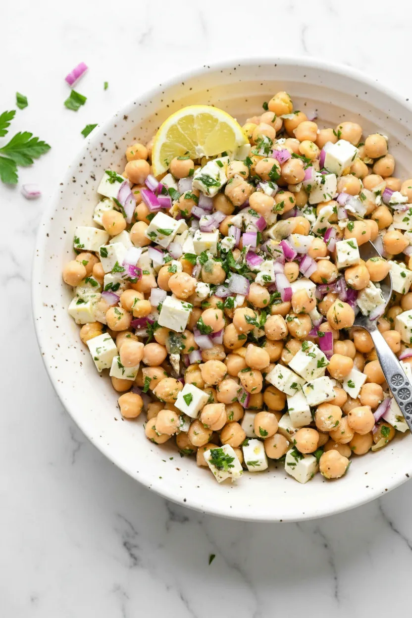 Chickpea Feta Avocado Salad with Lemon Dressing