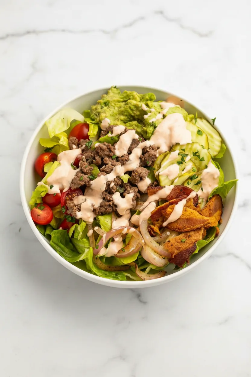 Fully Loaded Burger Bowl with “Special Sauce”
