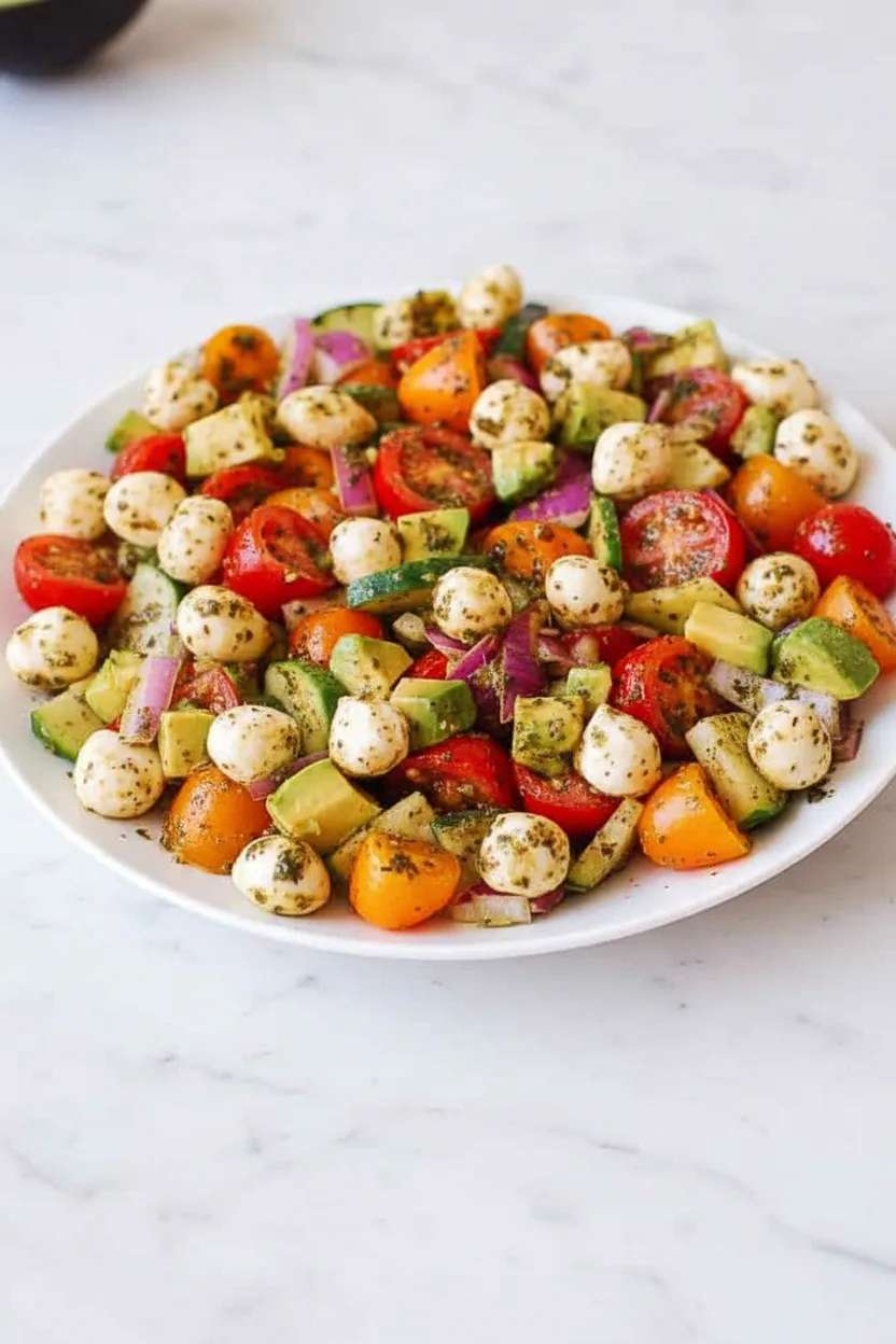 Tomato Cucumber Avocado Salad with Mozzarella and Basil Pesto